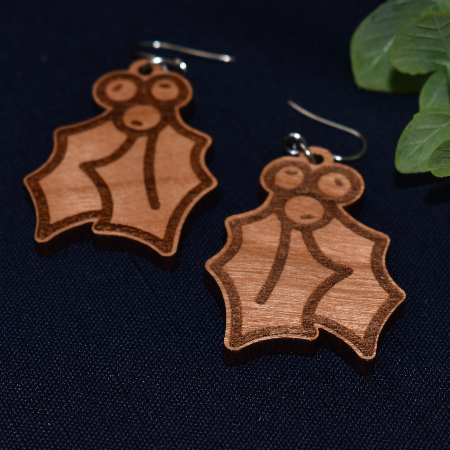 Christmas Holly & Berries Engraved Drop Earrings