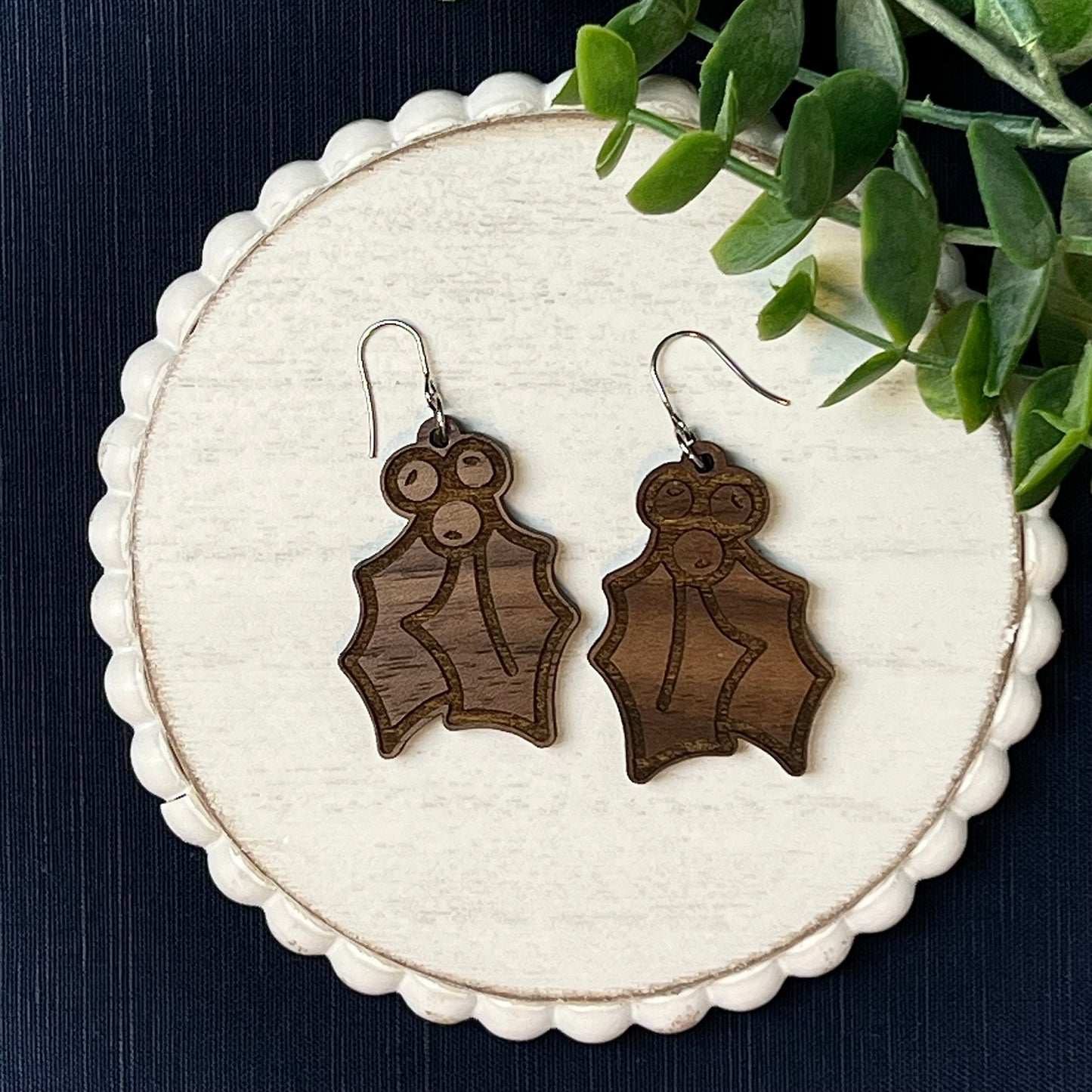 Christmas Holly & Berries Engraved Drop Earrings