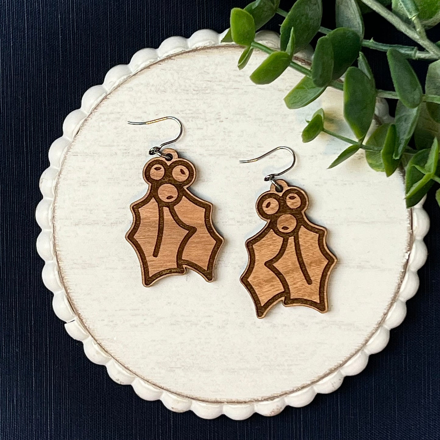 Christmas Holly & Berries Engraved Drop Earrings